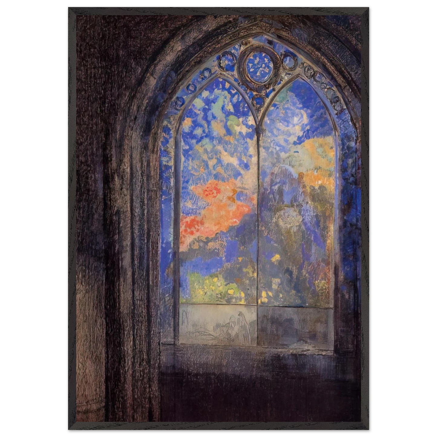 STAINED GLASS WINDOW THE MYSTERIOUS GARDEN - Odilon Redon 70x100 cm / 28x40 inches Framed Art Print – Black Wooden Frame