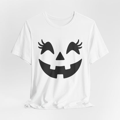 Camiseta de Halloween para mujer y niña con cara de Jack O'Lantern y pestañas de calabaza