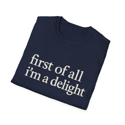 Camiseta "Primero que nada soy un deleite", camiseta con cita divertida para mujer, camiseta con frase atrevida, regalo gráfico ingenioso para la mejor amiga