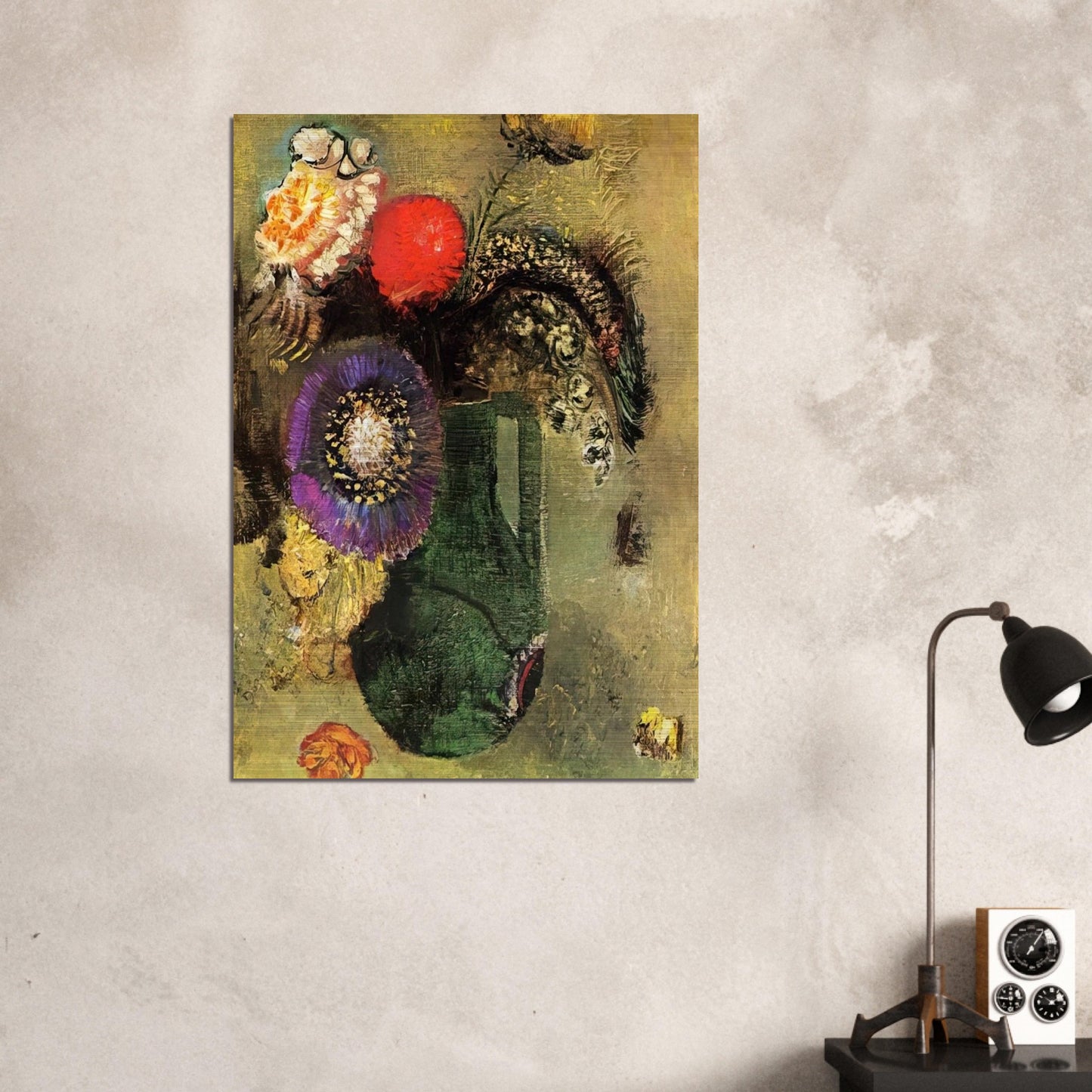 FLOWERS IN GREEN VASE WITH HANDLES - Odilon Redon Brushed Aluminum Print - 70x100 cm / 28x40 inches | Odilon Redon Aluminum Print | Odilon Redon Prints