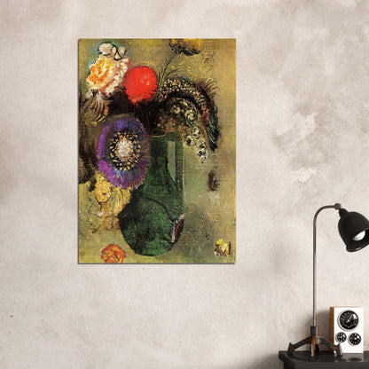 FLOWERS IN GREEN VASE WITH HANDLES - Odilon Redon Brushed Aluminum Print - 70x100 cm / 28x40 inches | Odilon Redon Aluminum Print | Odilon Redon Prints