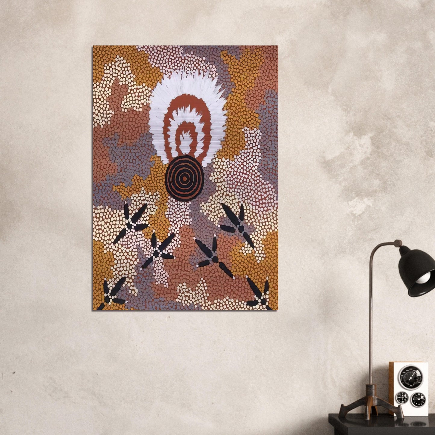 Eagle Dreaming at Mt. Allan - 1989 - Clifford Possum Tjapaltjarri Brushed Aluminum Print - 70x100 cm / 28x40 inches | Clifford Possum Tjapaltjarri Aluminum Print | Clifford Possum Tjapaltjarri Prints