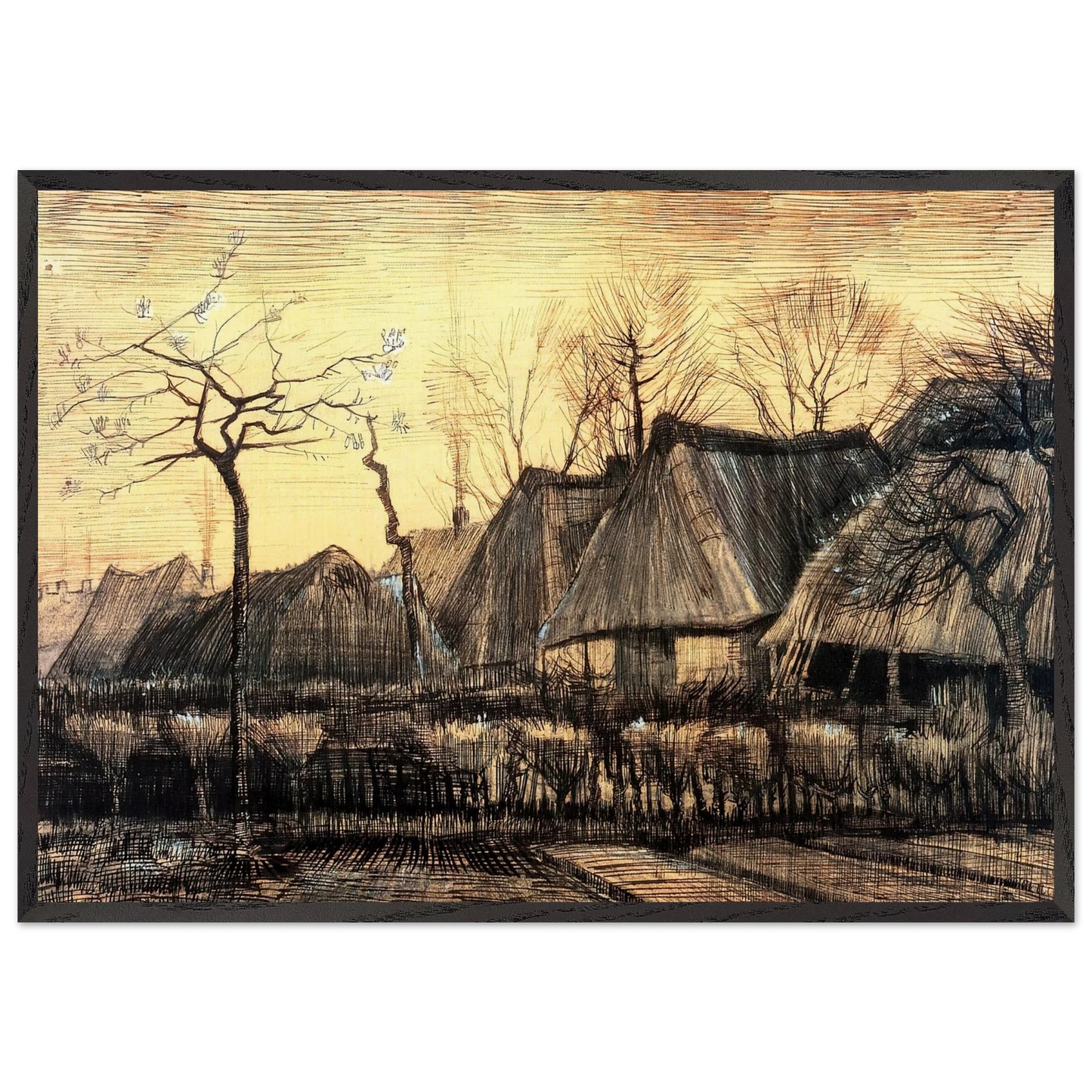 Houses with Thatched Roofs - Vincent van Gogh 70x100 cm / 28x40 inches Framed Art Print – Black Wooden Frame