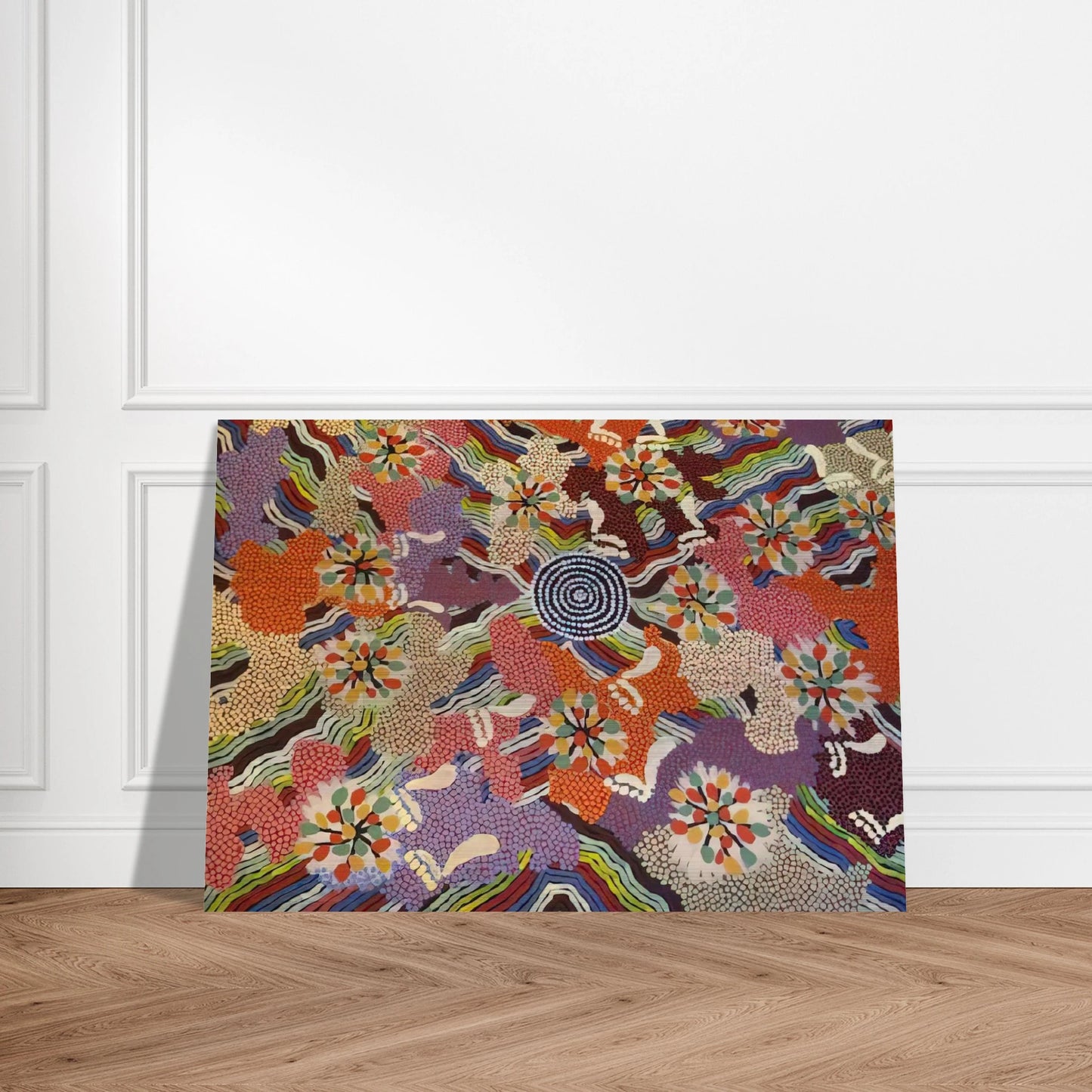 Food Gathering Napparbee - Native Art - Clifford Possum Tjapaltjarri Brushed Aluminum Print - 70x100 cm / 28x40 inches | Clifford Possum Tjapaltjarri Aluminum Print | Clifford Possum Tjapaltjarri Prints
