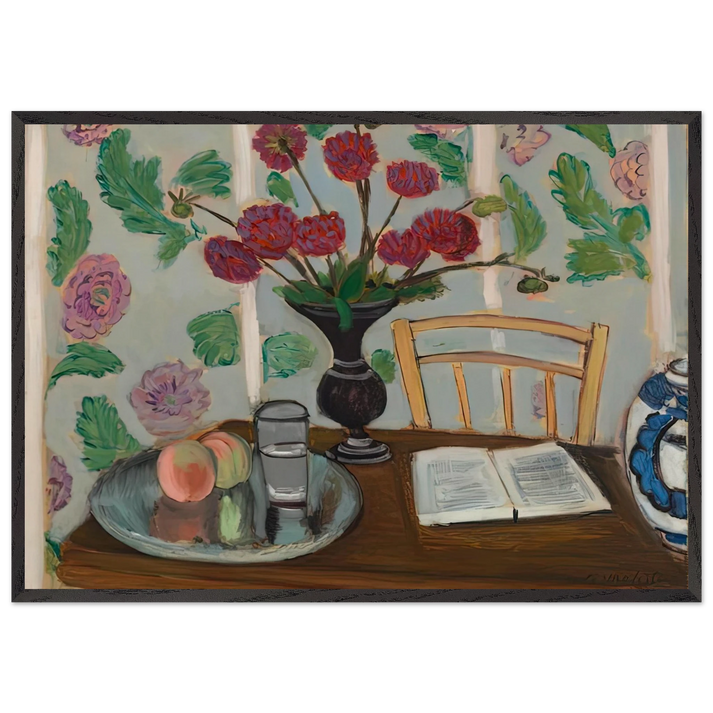 STILL LIFE BOUQUET OF DAHLIAS AND WHITE BOOK 1923 - Henri Matisse 70x100 cm / 28x40 inches Framed Art Print – Black Wooden Frame