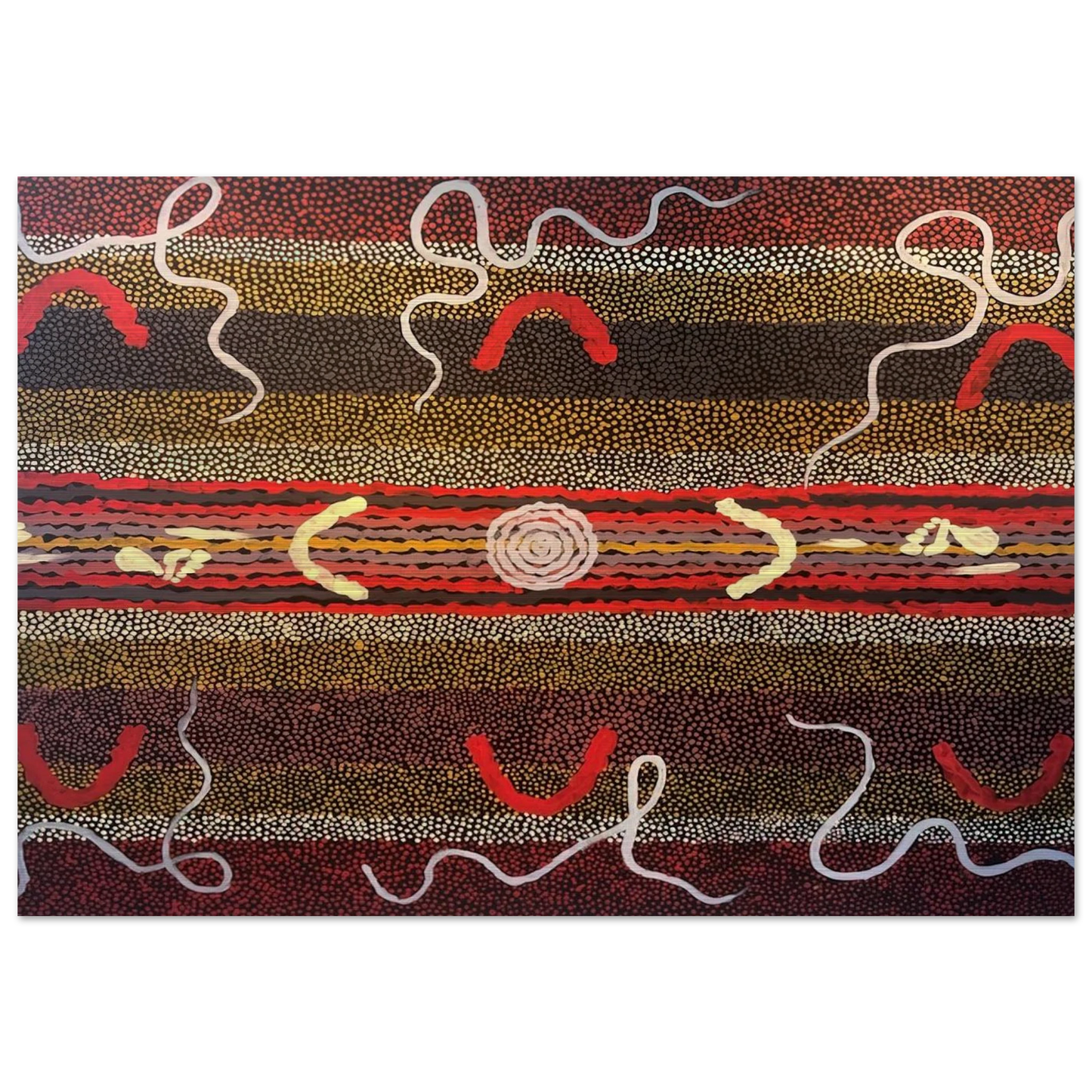 Men's Maliyarre Initiation Ceremony - 1999 - Clifford Possum Tjapaltjarri Brushed Aluminum Print - 70x100 cm / 28x40 inches | Clifford Possum Tjapaltjarri Aluminum Print | Clifford Possum Tjapaltjarri Prints