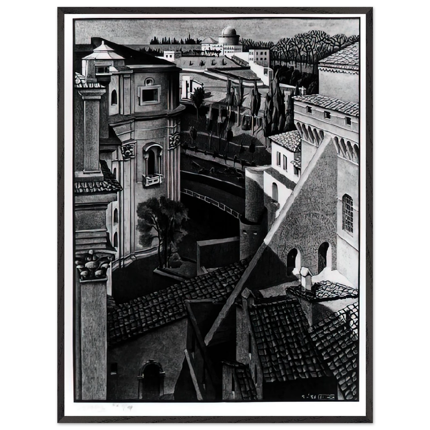 MC Escher - BERWEEN ST PETER AND SISTINE CHAPEL MARCH 1936 1936 Wall Art - 21x29.7 cm / 8x12" - Premium Wooden Framed Poster With Fine Art Paper-canvas - Black frame