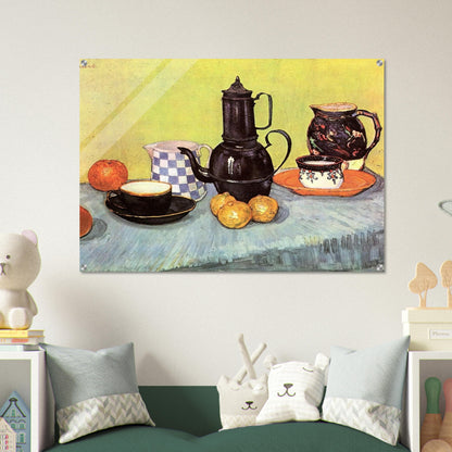Still Life with Blue Enamel Coffeepot, Earthenware and Fruit - Vincent van Gogh Acrylic Print - 70x100 cm / 28x40″ inches | Vincent van Gogh Wall Art | Vincent van Gogh Prints