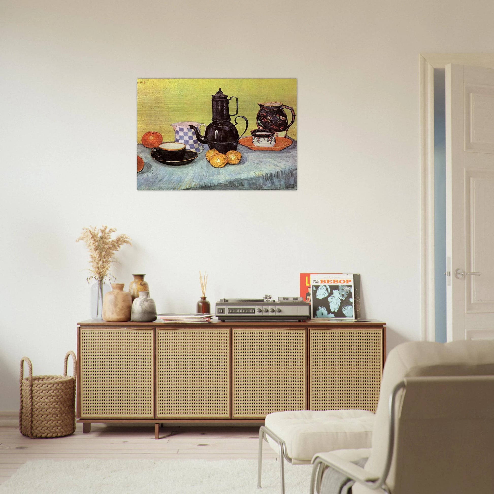 Still Life with Blue Enamel Coffeepot, Earthenware and Fruit - Vincent van Gogh Brushed Aluminum Print - 70x100 cm / 28x40 inches | Vincent van Gogh Aluminum Print | Vincent van Gogh Prints