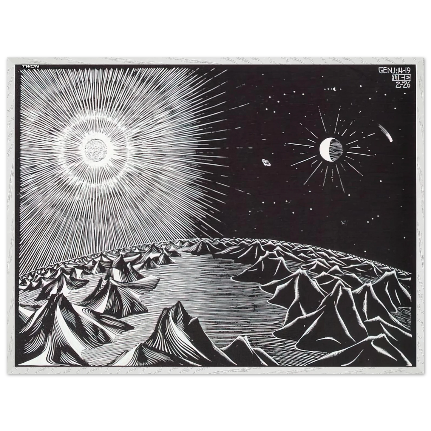 MC Escher - THE 4TH DAY OF THE CREATION Wall Art - 60x80 cm / 24x32 inches - Premium Wooden Framed Poster With Fine Art Paper-canvas - Wood frame