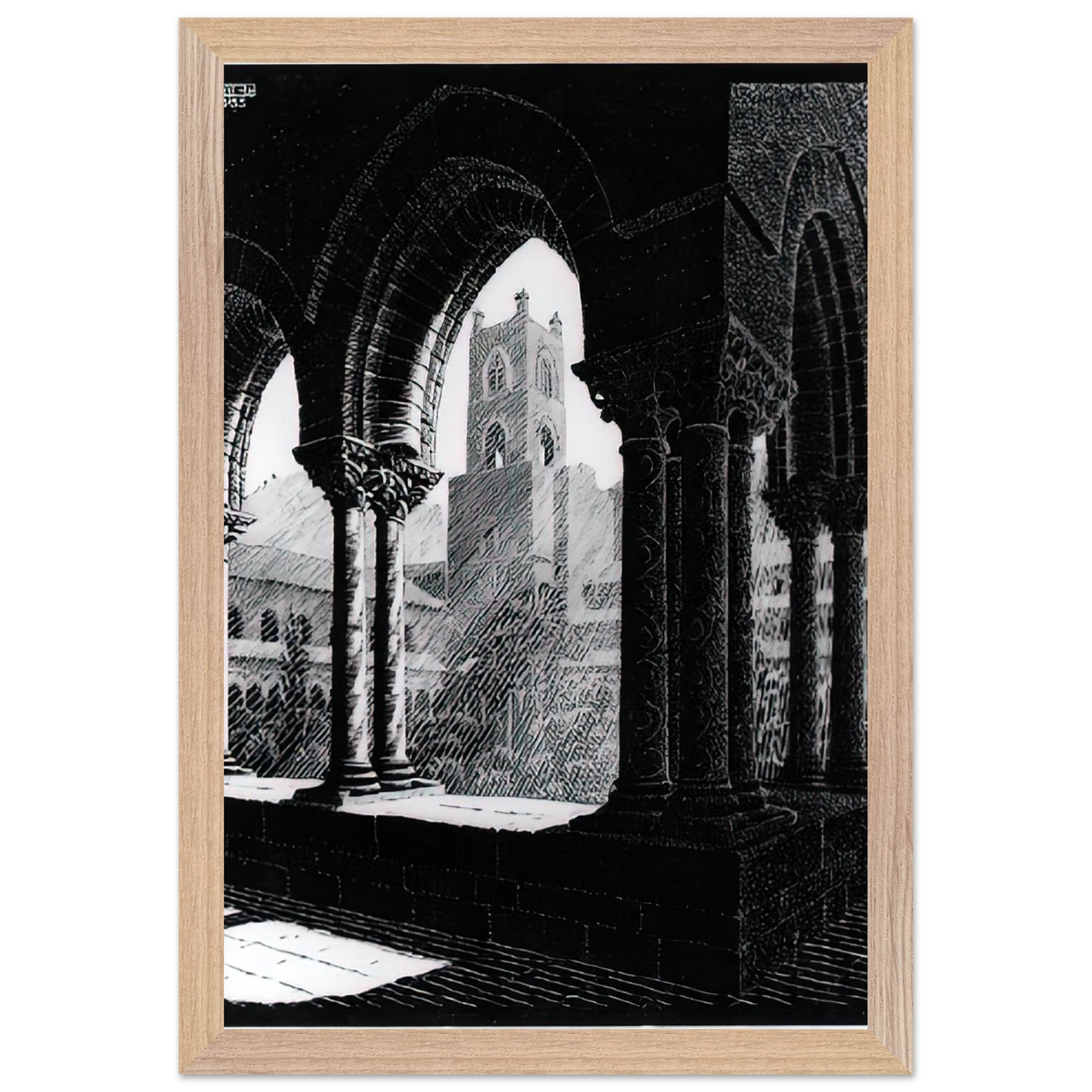 MC Escher - CLOISTER OF MONREALE SICILY Wall Art - 21x29.7 cm / 8x12" - Premium Wooden Framed Poster With Fine Art Paper-canvas - White frame