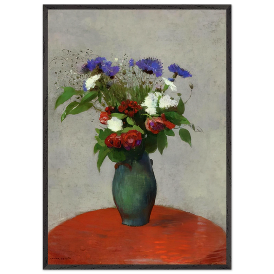 VASE OF FLOWERS ON A RED TABLECLOTH - Odilon Redon 70x100 cm / 28x40 inches Framed Art Print – Black Wooden Frame