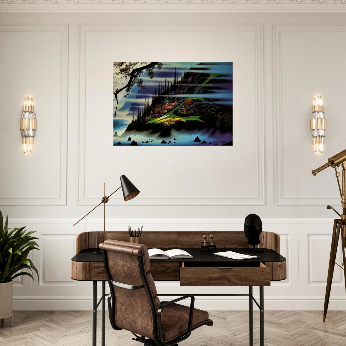 Pasture Through the Fog - Eyvind Earle Brushed Aluminum Print - 70x100 cm / 28x40 inches | Eyvind Earle Aluminum Print | Eyvind Earle Prints