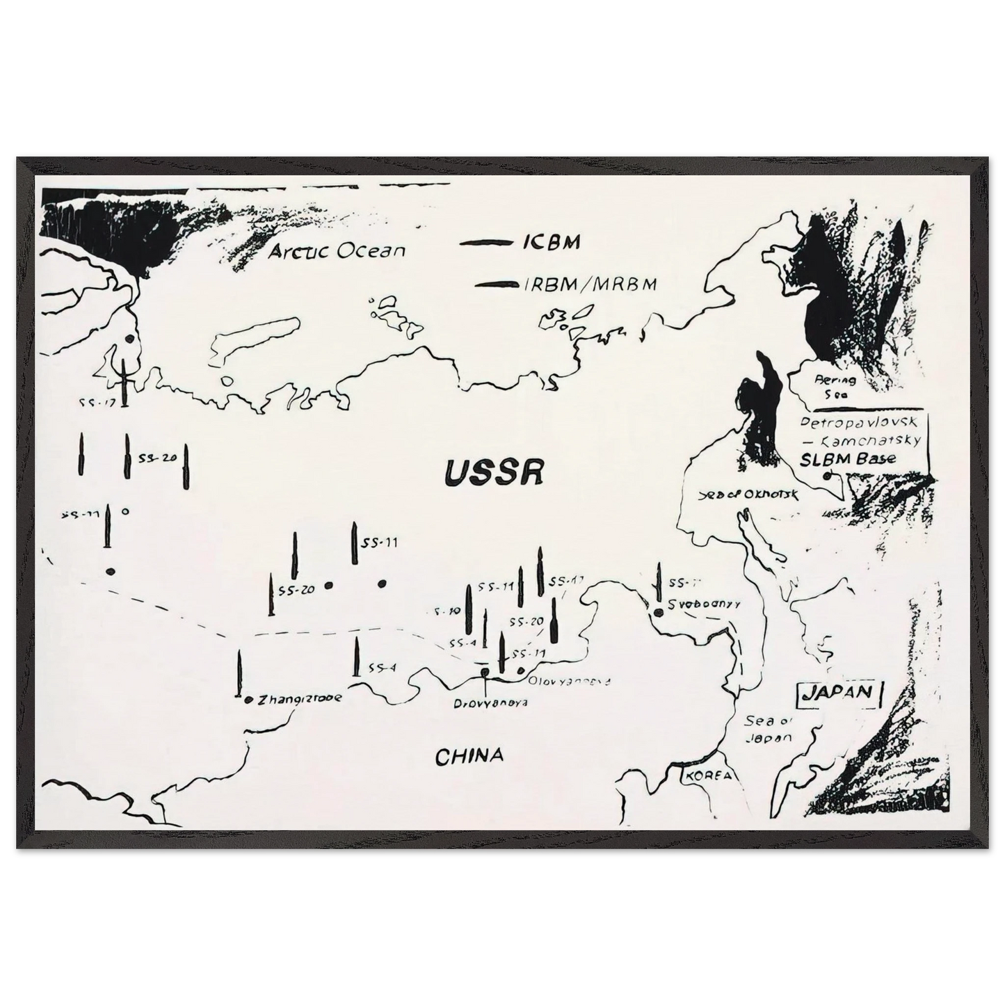 Map of Eastern USSR Missile Bases - Andy Warhol 70x100 cm / 28x40 inches Framed Art Print – Black Wooden Frame