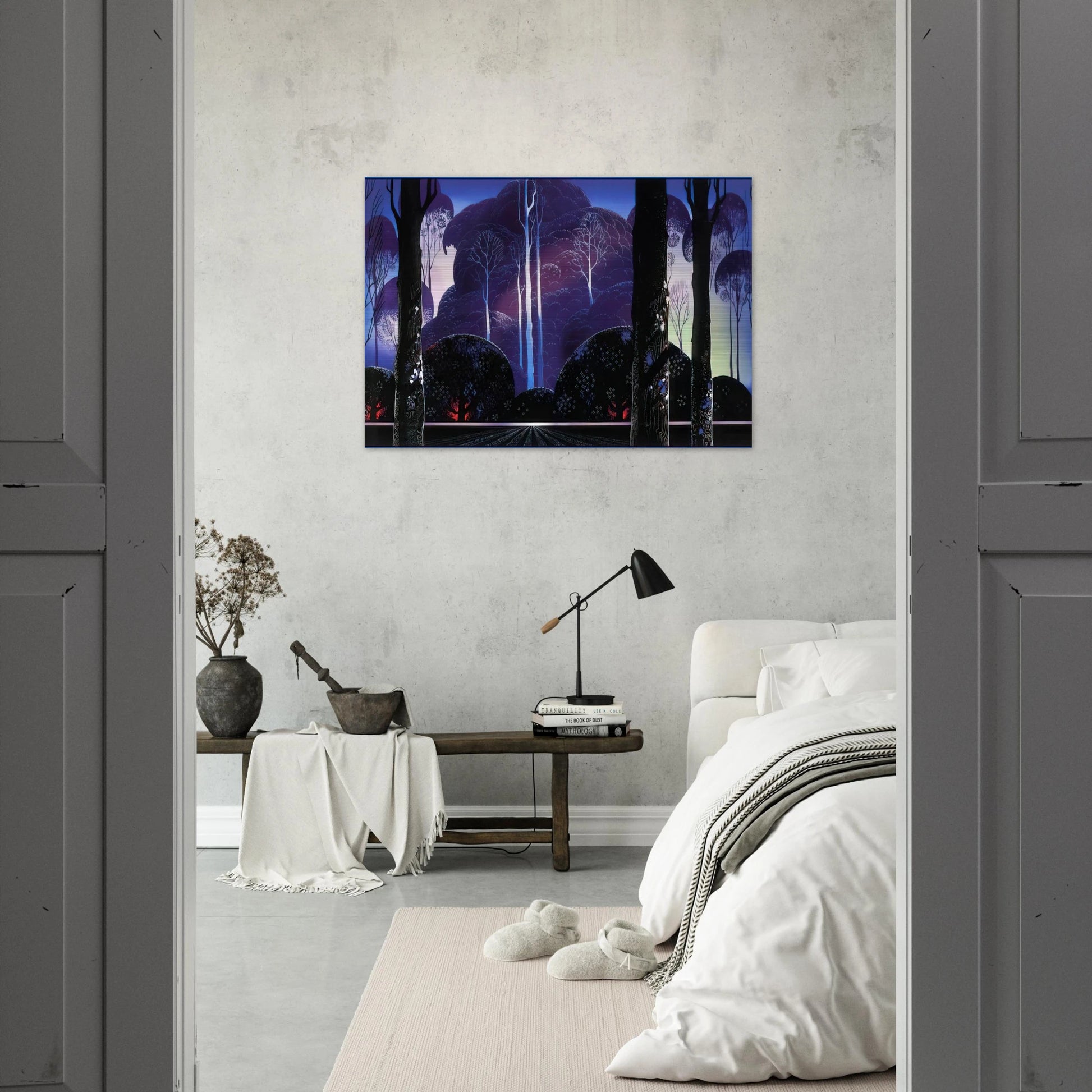 Purple Sunrise - Eyvind Earle Brushed Aluminum Print - 70x100 cm / 28x40 inches | Eyvind Earle Aluminum Print | Eyvind Earle Prints