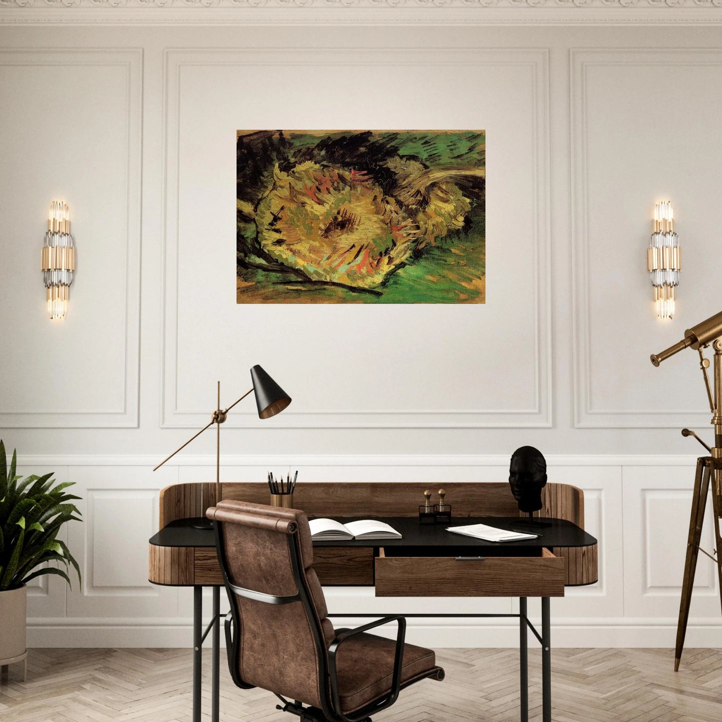 Two Cut Sunflowers - Vincent van Gogh Brushed Aluminum Print - 70x100 cm / 28x40 inches | Vincent van Gogh Aluminum Print | Vincent van Gogh Prints