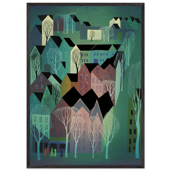 Village - Eyvind Earle 70x100 cm / 28x40 inches Framed Art Print – Black Wooden Frame