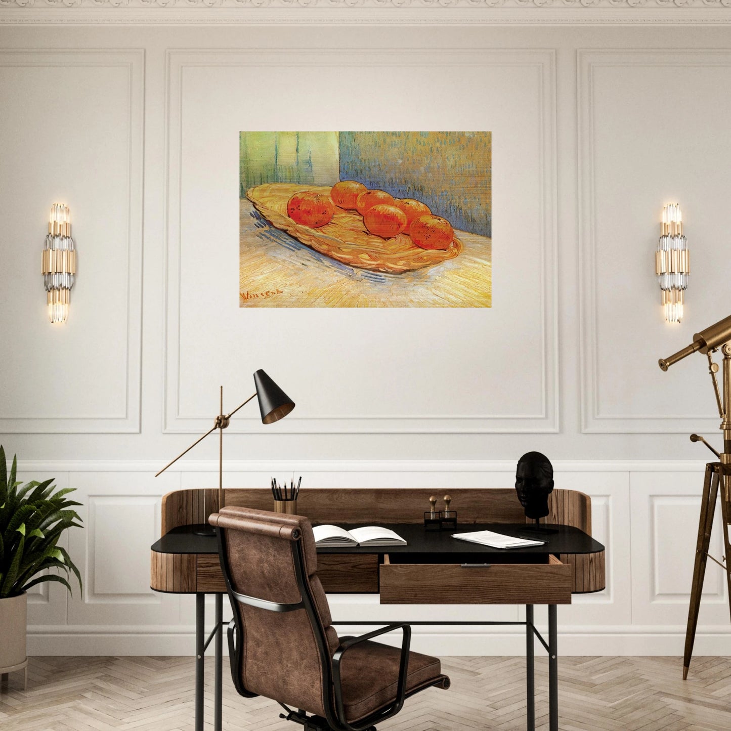 Still Life with Basket and Six Oranges - Vincent van Gogh Brushed Aluminum Print - 70x100 cm / 28x40 inches | Vincent van Gogh Aluminum Print | Vincent van Gogh Prints