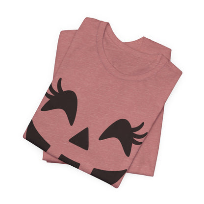 Camiseta de Halloween para mujer y niña con cara de Jack O'Lantern y pestañas de calabaza