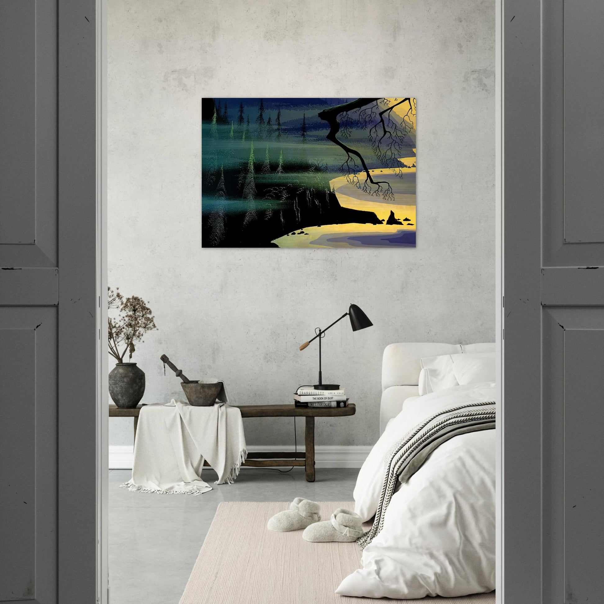 Blue Mist - Eyvind Earle Brushed Aluminum Print - 70x100 cm / 28x40 inches | Eyvind Earle Aluminum Print | Eyvind Earle Prints