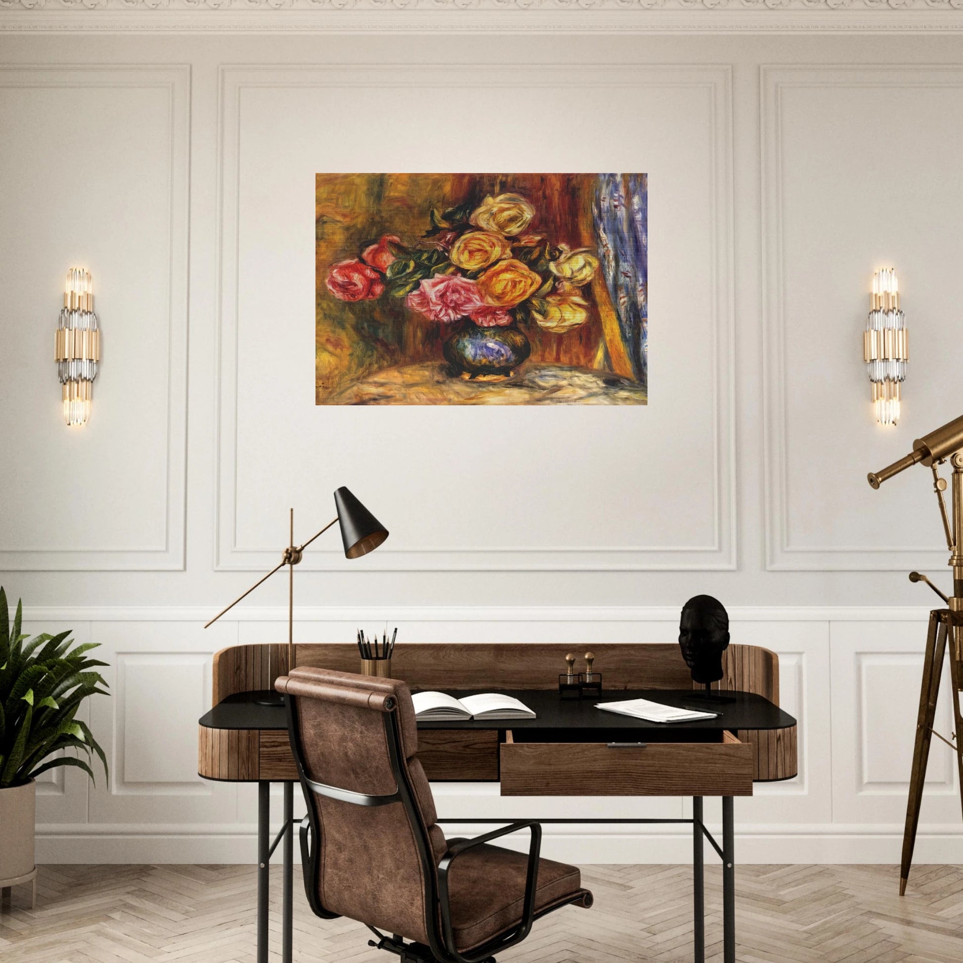 Roses in front of a blue curtain - Pierre-Auguste Renoir Brushed Aluminum Print - 70x100 cm / 28x40 inches | Pierre-Auguste Renoir Aluminum Print | Pierre-Auguste Renoir Prints