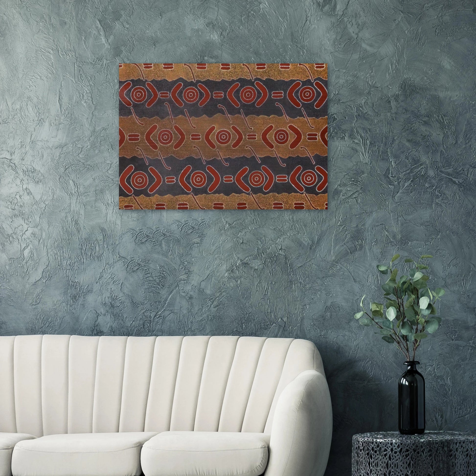 Men's Dreaming - Native Art - Clifford Possum Tjapaltjarri Brushed Aluminum Print - 70x100 cm / 28x40 inches | Clifford Possum Tjapaltjarri Aluminum Print | Clifford Possum Tjapaltjarri Prints