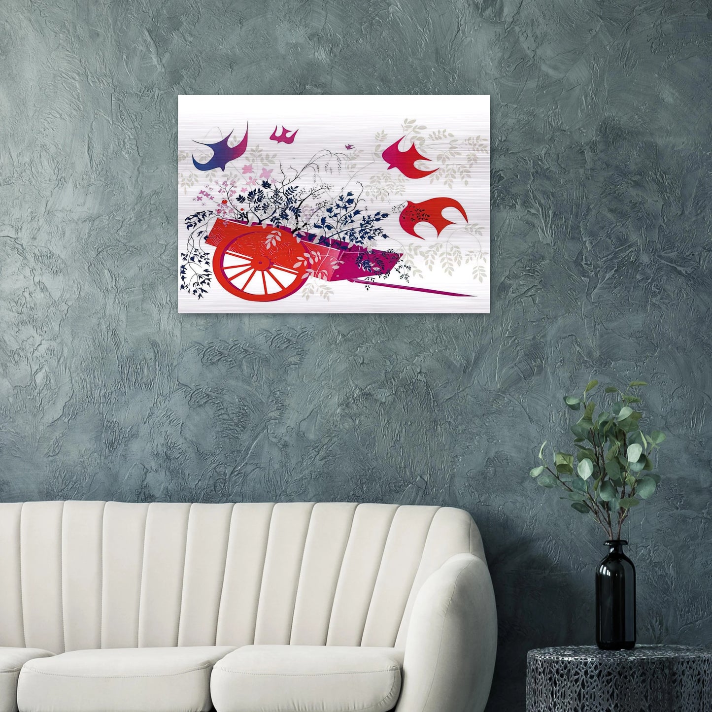 Red Wagon & Foliage - Eyvind Earle Brushed Aluminum Print - 70x100 cm / 28x40 inches | Eyvind Earle Aluminum Print | Eyvind Earle Prints