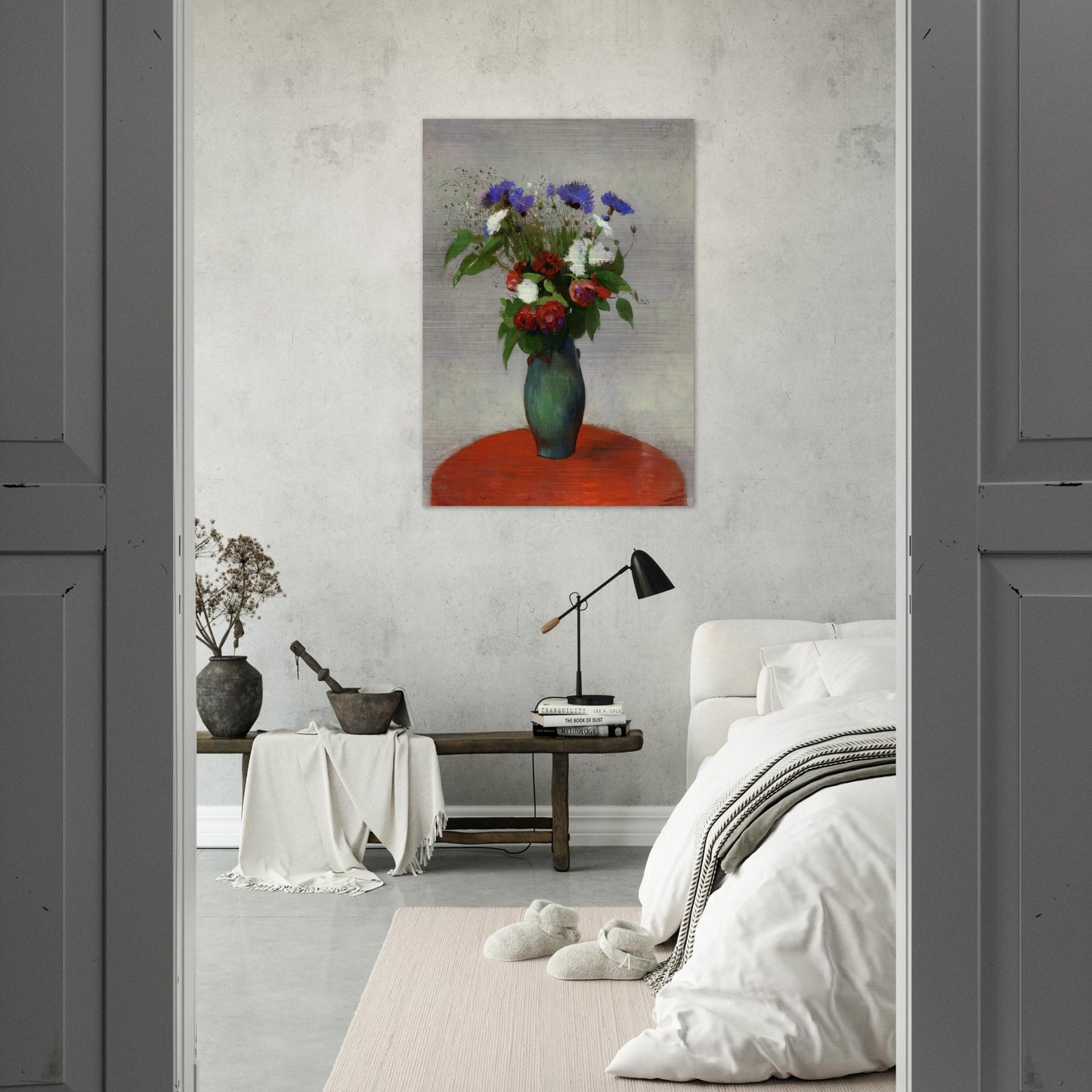 VASE OF FLOWERS ON A RED TABLECLOTH - Odilon Redon Brushed Aluminum Print - 70x100 cm / 28x40 inches | Odilon Redon Aluminum Print | Odilon Redon Prints