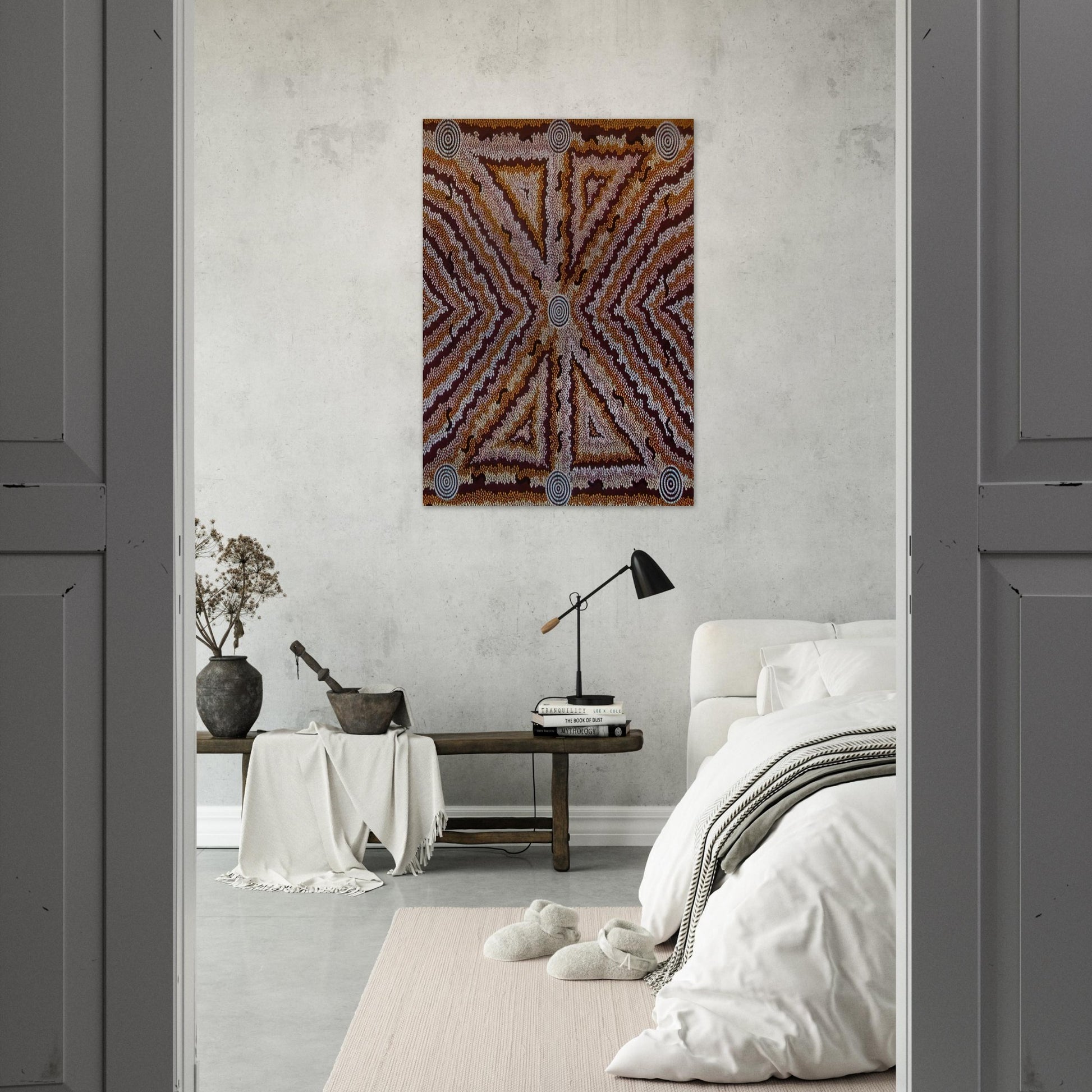 Witchetty Grub Dreaming - 1983 - Clifford Possum Tjapaltjarri Brushed Aluminum Print - 70x100 cm / 28x40 inches | Clifford Possum Tjapaltjarri Aluminum Print | Clifford Possum Tjapaltjarri Prints