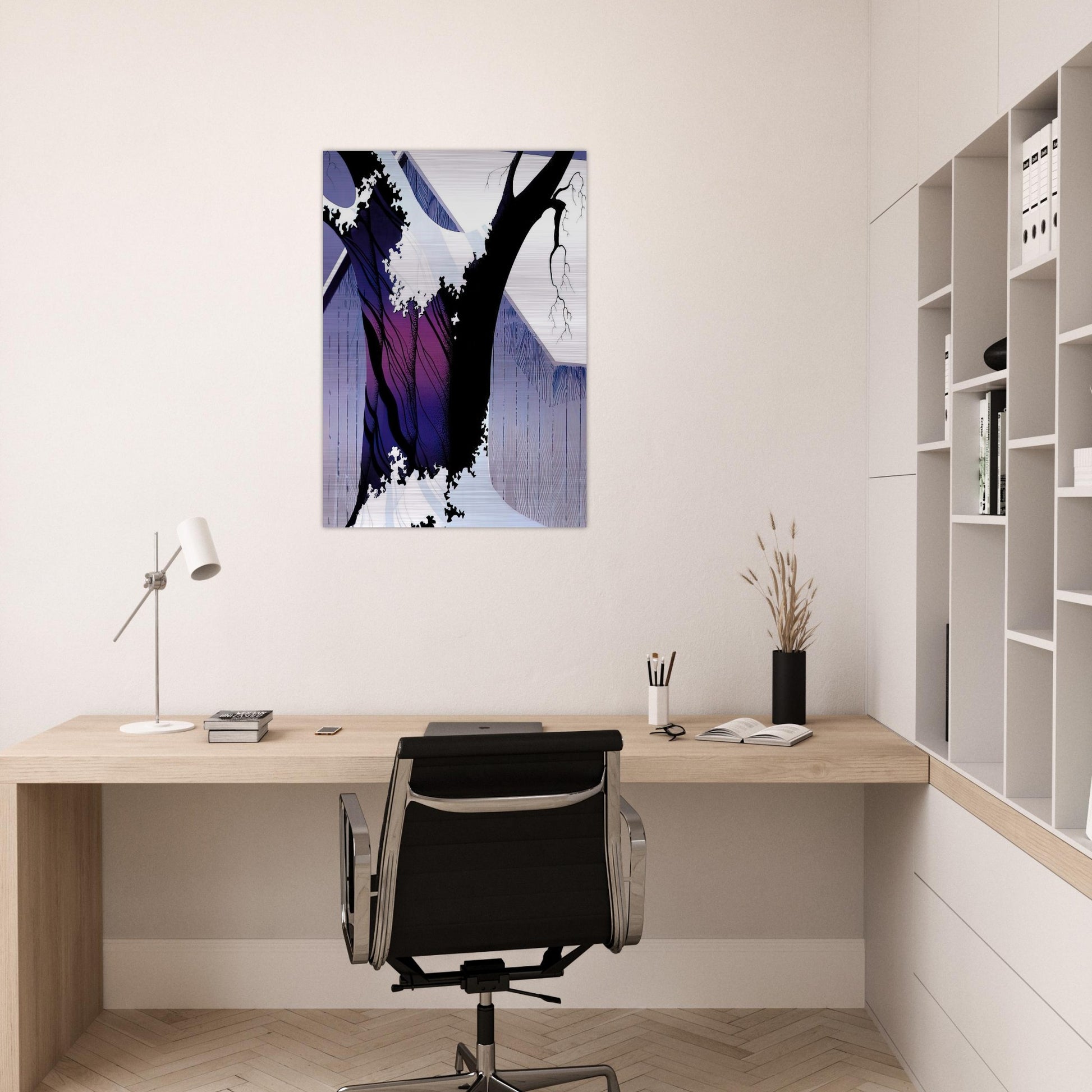 Violet Tree and Barn - Eyvind Earle Brushed Aluminum Print - 70x100 cm / 28x40 inches | Eyvind Earle Aluminum Print | Eyvind Earle Prints