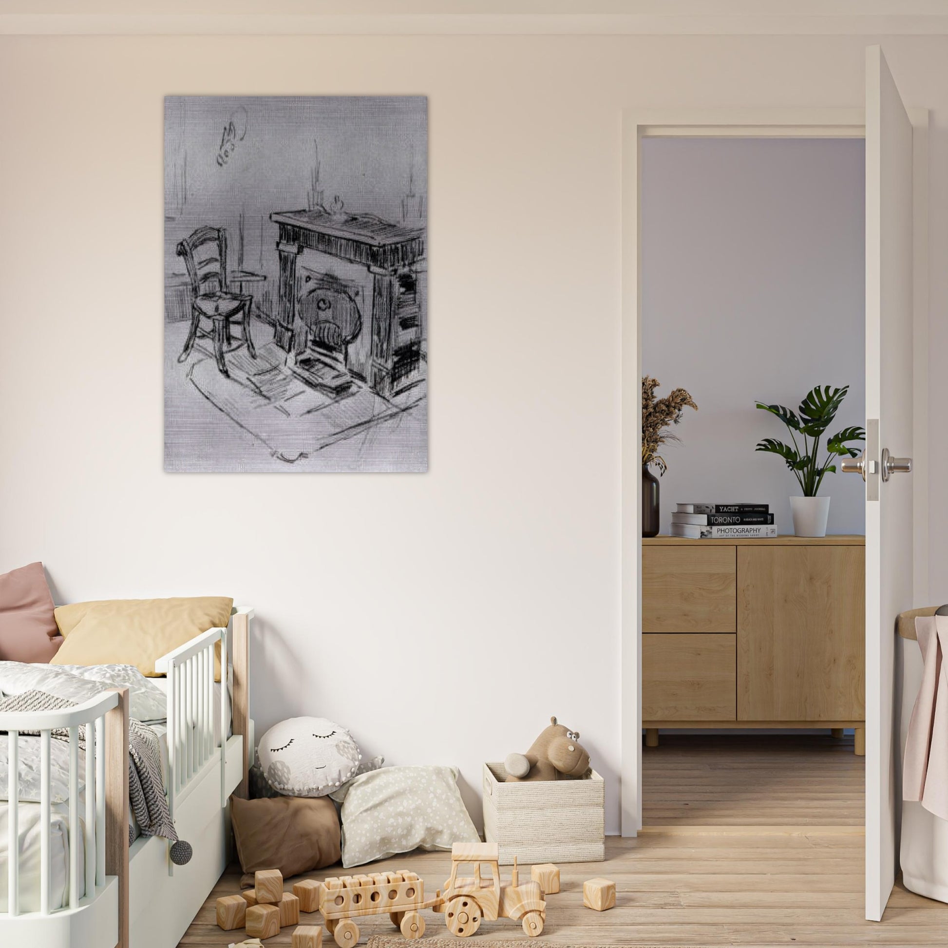 Mantelpiece with Chair - Vincent van Gogh Brushed Aluminum Print - 70x100 cm / 28x40 inches | Vincent van Gogh Aluminum Print | Vincent van Gogh Prints
