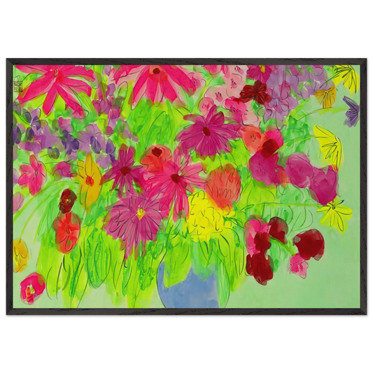 Blue Vase Many Flowers - Naive Art Primitivism Pop Art - Walasse Ting 70x100 cm / 28x40 inches Framed Art Print – Black Wooden Frame