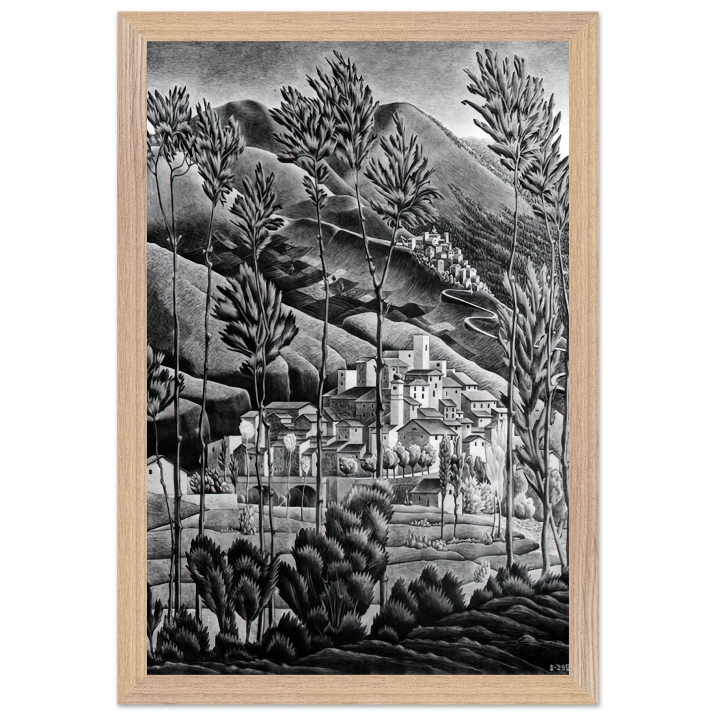 MC Escher - ALFEDENA ABRUZZI Wall Art - 21x29.7 cm / 8x12" - Premium Wooden Framed Poster With Fine Art Paper - Wood frame