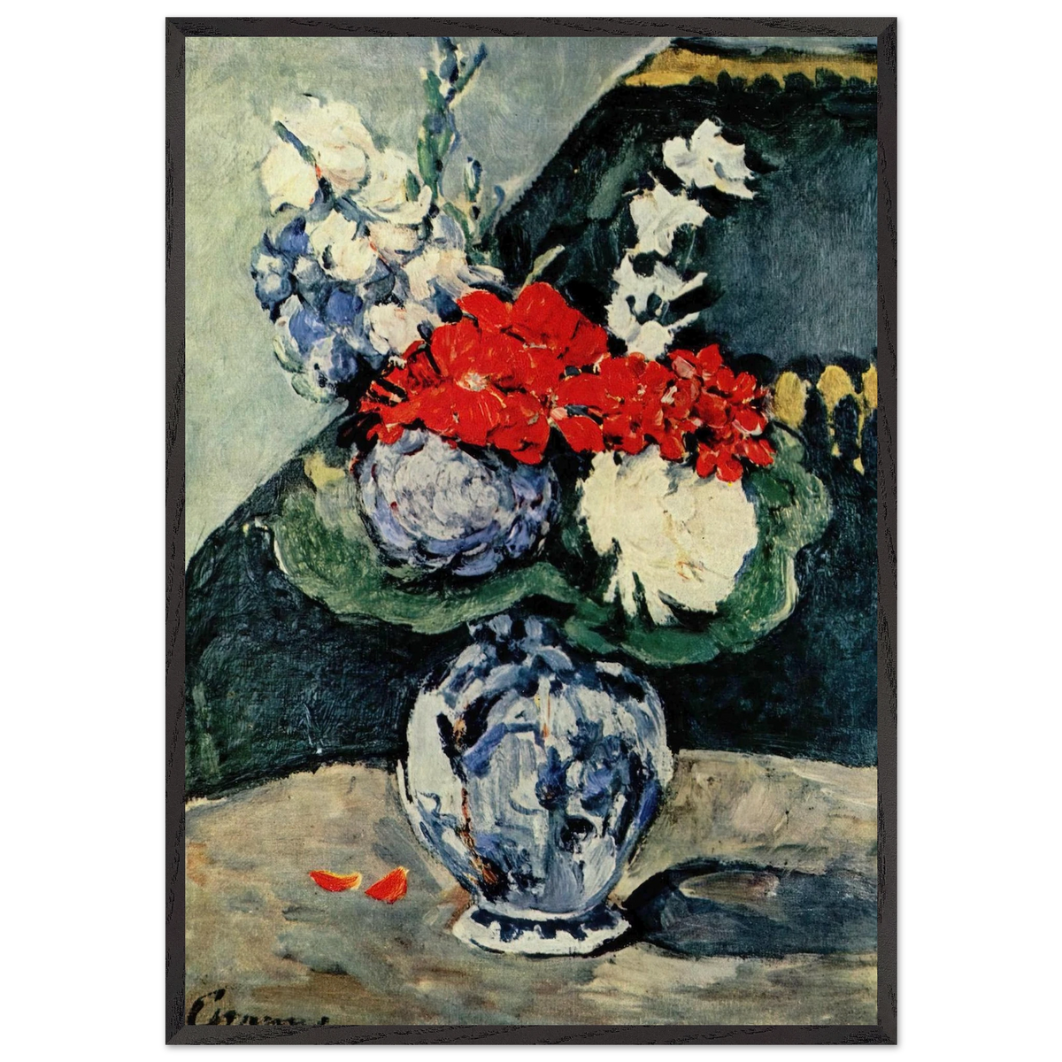 Still life Delft vase with flowers - Paul Cezanne 70x100 cm / 28x40 inches Framed Art Print – Black Wooden Frame
