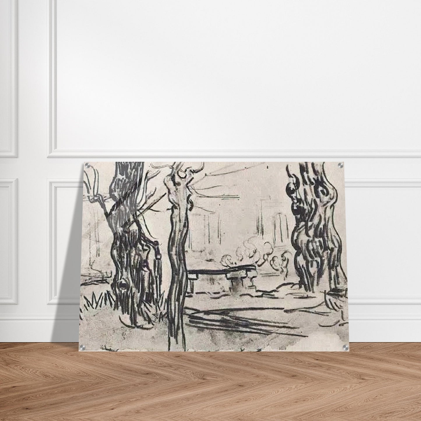 Garden of the Asylum and Tree Trunks and a Stone Bench - Vincent van Gogh Acrylic Print - 70x100 cm / 28x40″ inches | Vincent van Gogh Wall Art | Vincent van Gogh Prints