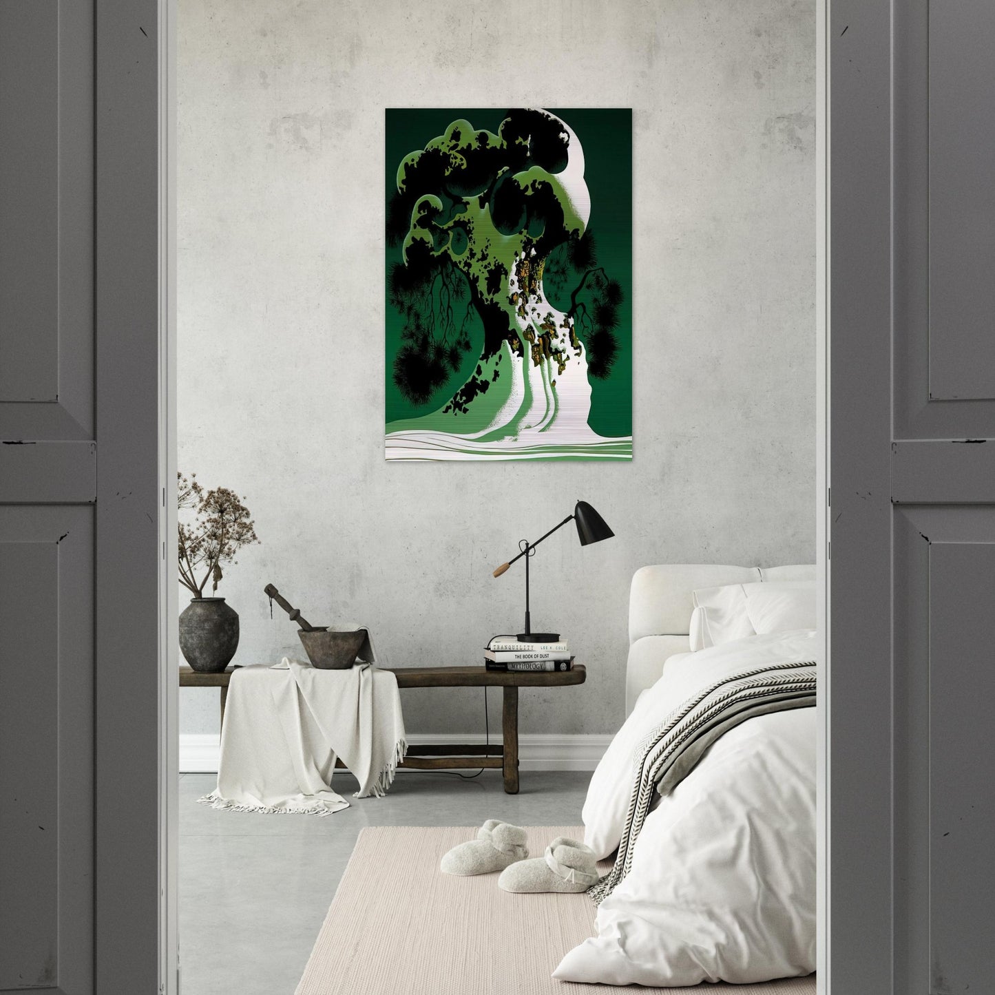 Snow Covered Bonsai - Eyvind Earle Brushed Aluminum Print - 70x100 cm / 28x40 inches | Eyvind Earle Aluminum Print | Eyvind Earle Prints