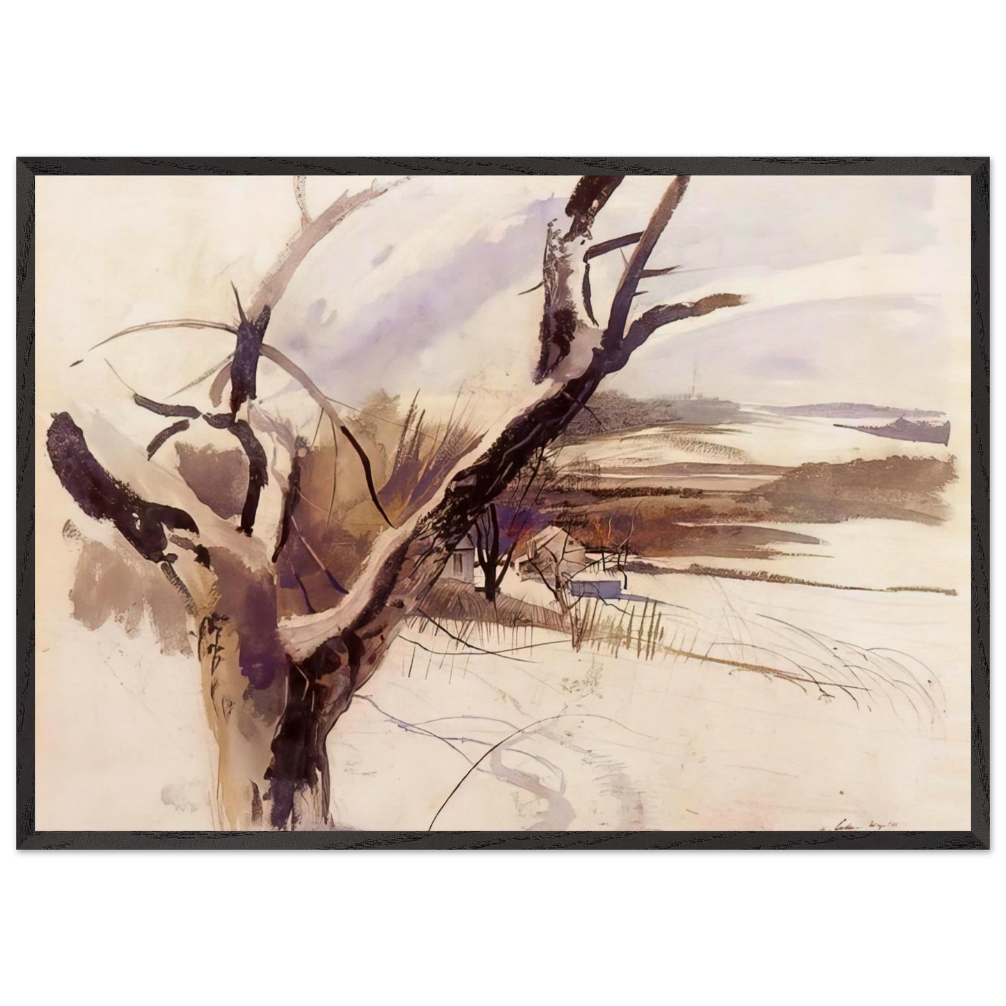 WINTER FARM SCENE - Andrew Wyeth 70x100 cm / 28x40 inches Framed Art Print – Black Wooden Frame