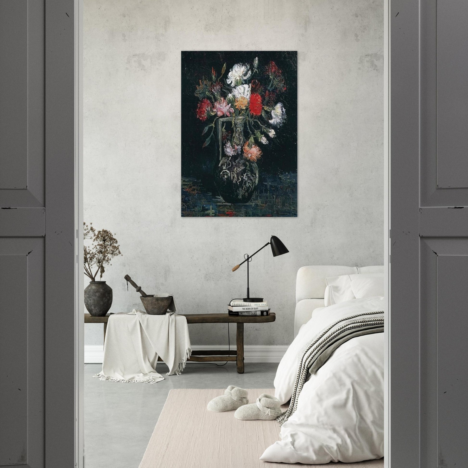 Vase with White and Red Carnations - Vincent van Gogh Brushed Aluminum Print - 70x100 cm / 28x40 inches | Vincent van Gogh Aluminum Print | Vincent van Gogh Prints