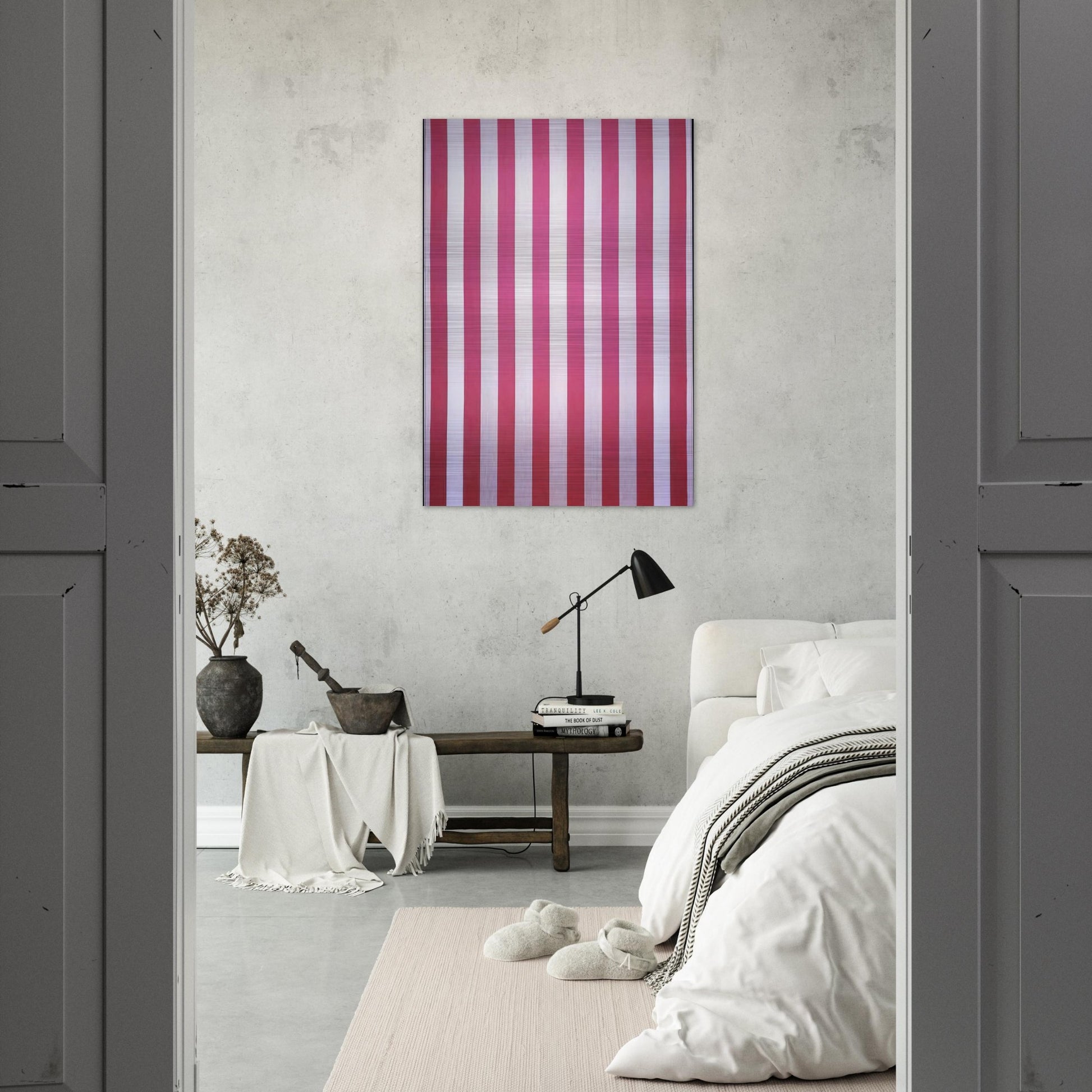 Peinture acrylique blanche sur tissu rayé blanc et rouge - 1970 - Daniel Buren Brushed Aluminum Print - 70x100 cm / 28x40 inches | Daniel Buren Aluminum Print | Daniel Buren Prints