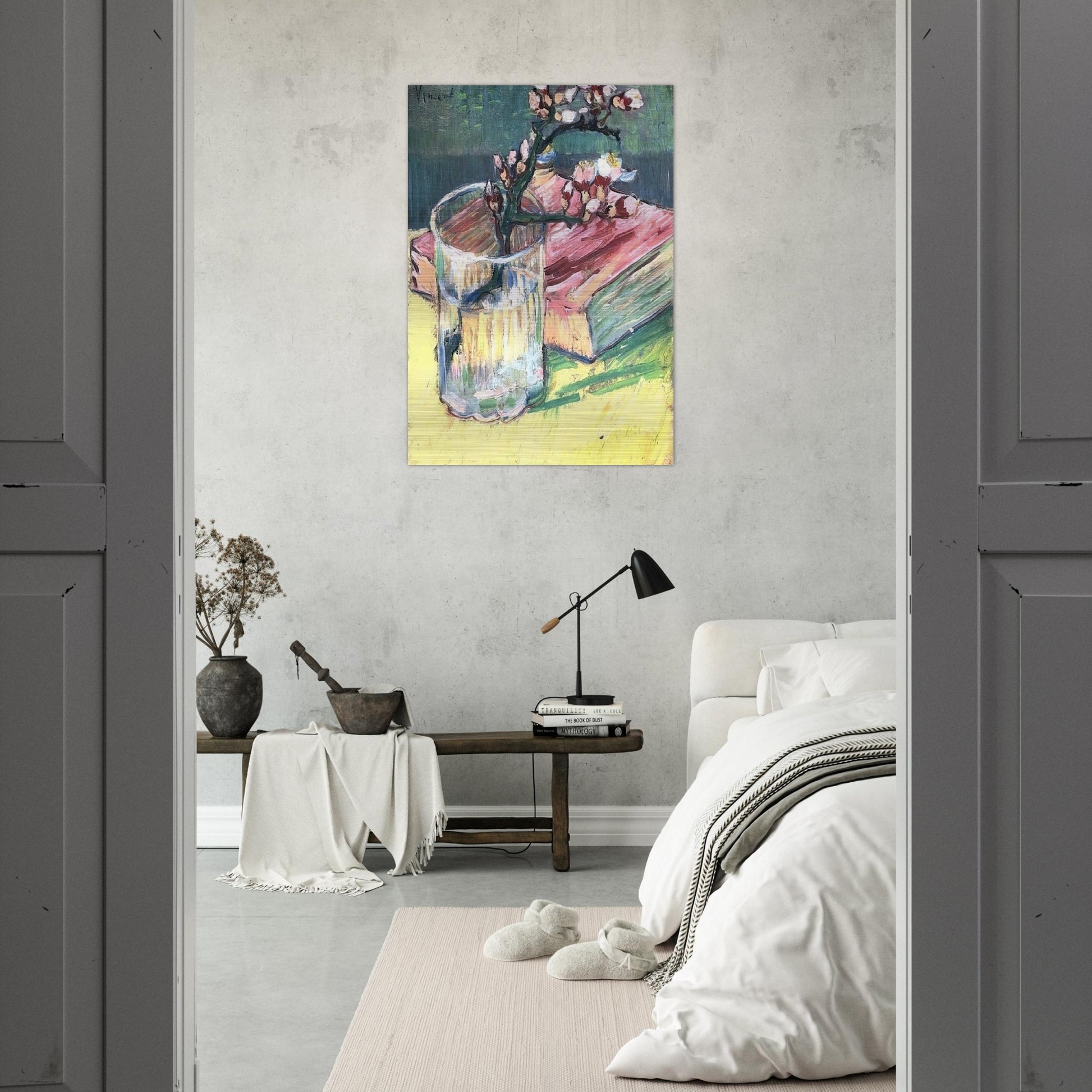 Blossoming Almond Branch in a Glass with a Book - Vincent van Gogh Brushed Aluminum Print - 70x100 cm / 28x40 inches | Vincent van Gogh Aluminum Print | Vincent van Gogh Prints