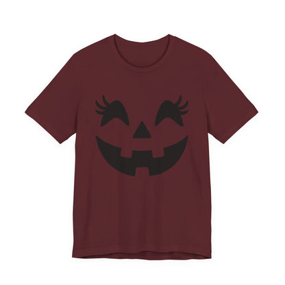 Camiseta de Halloween para mujer y niña con cara de Jack O'Lantern y pestañas de calabaza