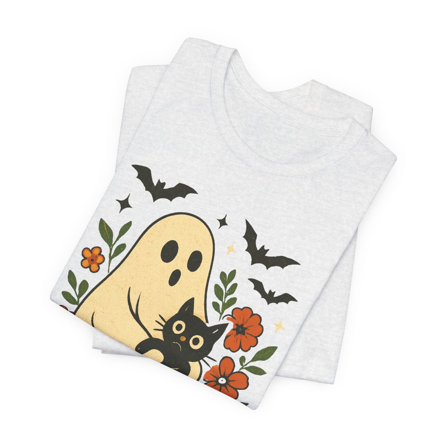 Fantasma espeluznante sosteniendo un gato negro con un elegante diseño floral para Halloween