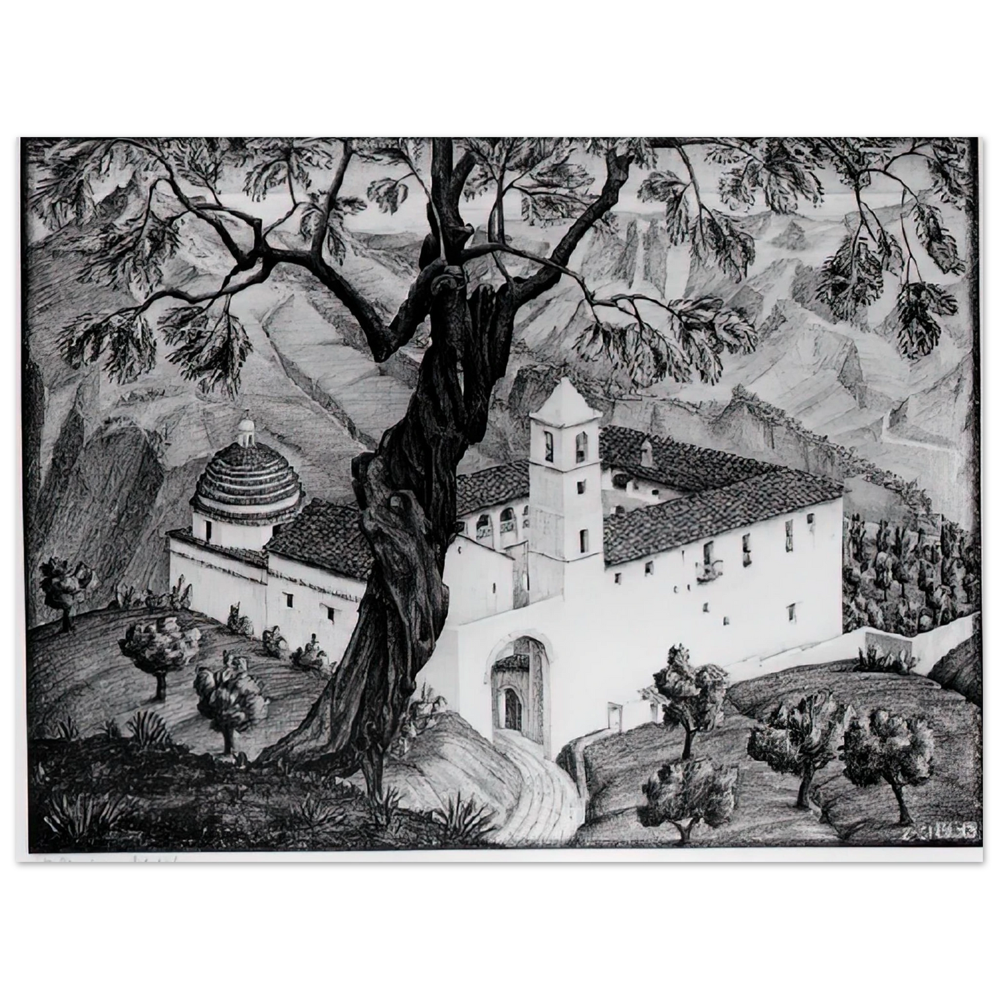 MC Escher - CLOISTER NEAR ROCCA IMPERIALE CALABRIA Wall Art - 21x29.7 cm / 8x12" - Premium Wooden Framed Poster With Fine Art Paper-canvas - Wood frame