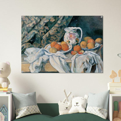 Still Life with Curtain and Flowered Pitcher - Paul Cézanne Acrylic Print - 70x100 cm / 28x40″ inches
