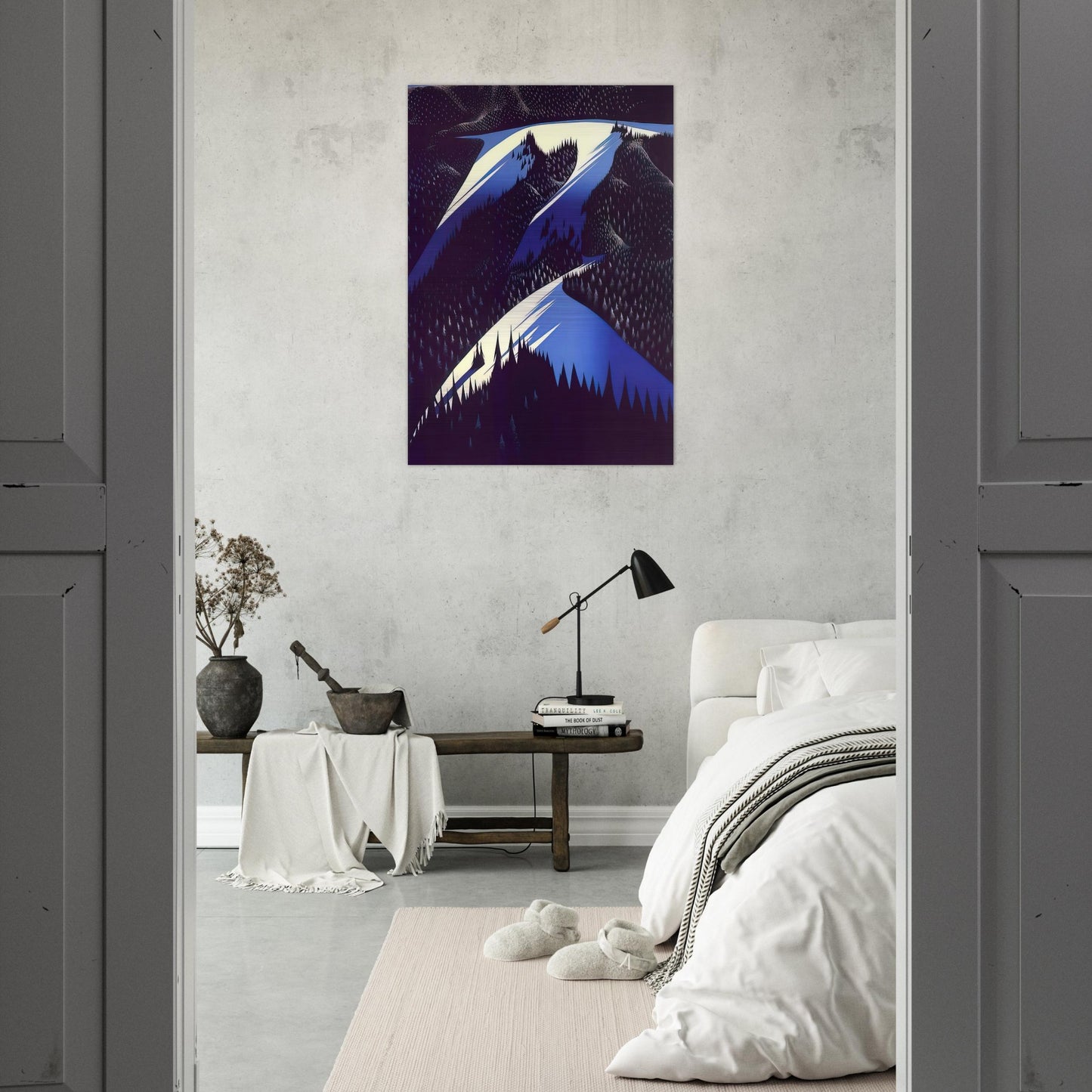 Black Evergreen Forest - Eyvind Earle Brushed Aluminum Print - 70x100 cm / 28x40 inches | Eyvind Earle Aluminum Print | Eyvind Earle Prints