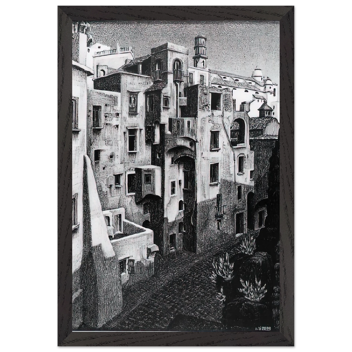MC Escher - DILAPIDATED HOUSES IN ATRANI 1931 Wall Art - 60x80 cm / 24x32 inches - Premium Wooden Framed Poster With Fine Art Paper-canvas - White frame