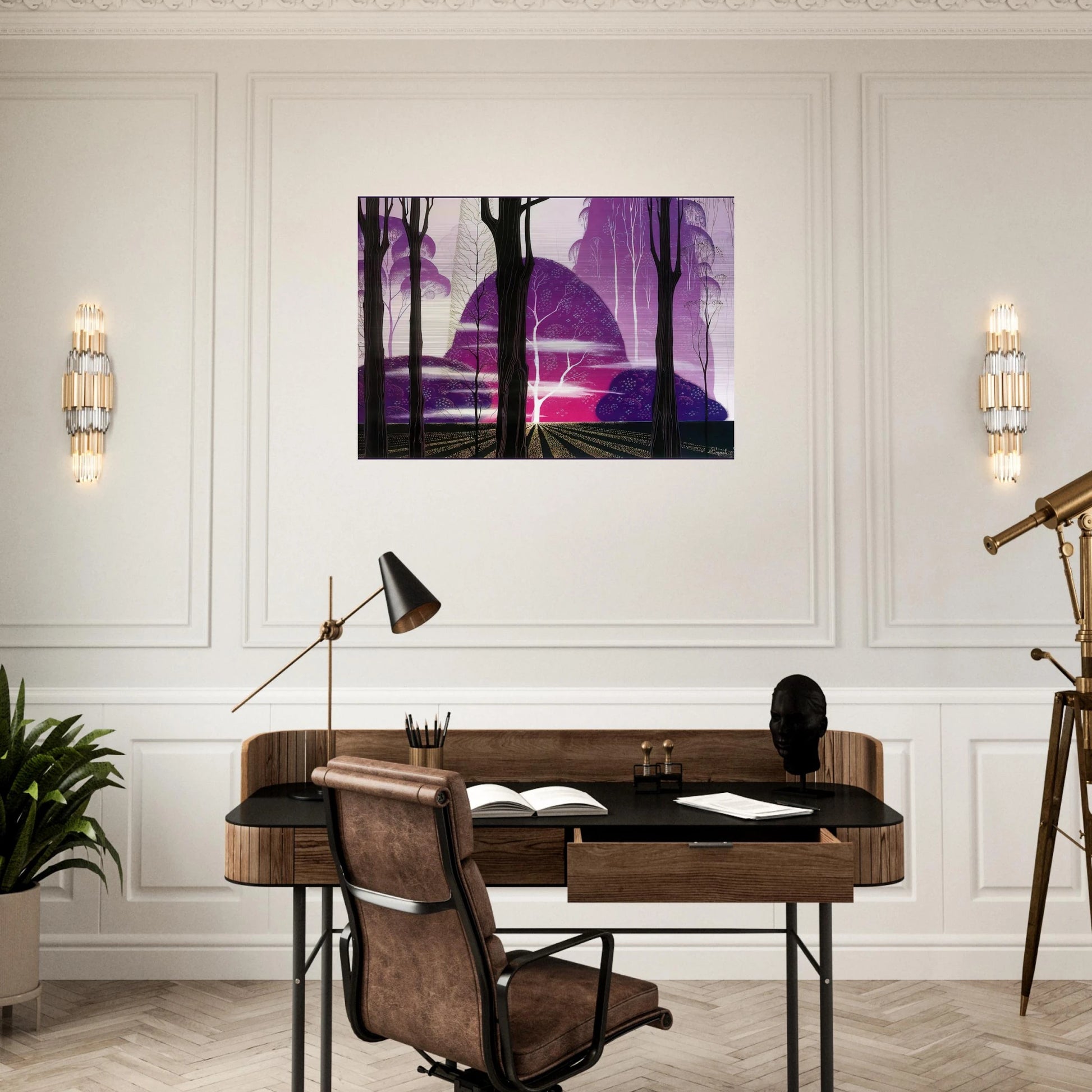 Purple Dawn - Eyvind Earle Brushed Aluminum Print - 70x100 cm / 28x40 inches | Eyvind Earle Aluminum Print | Eyvind Earle Prints