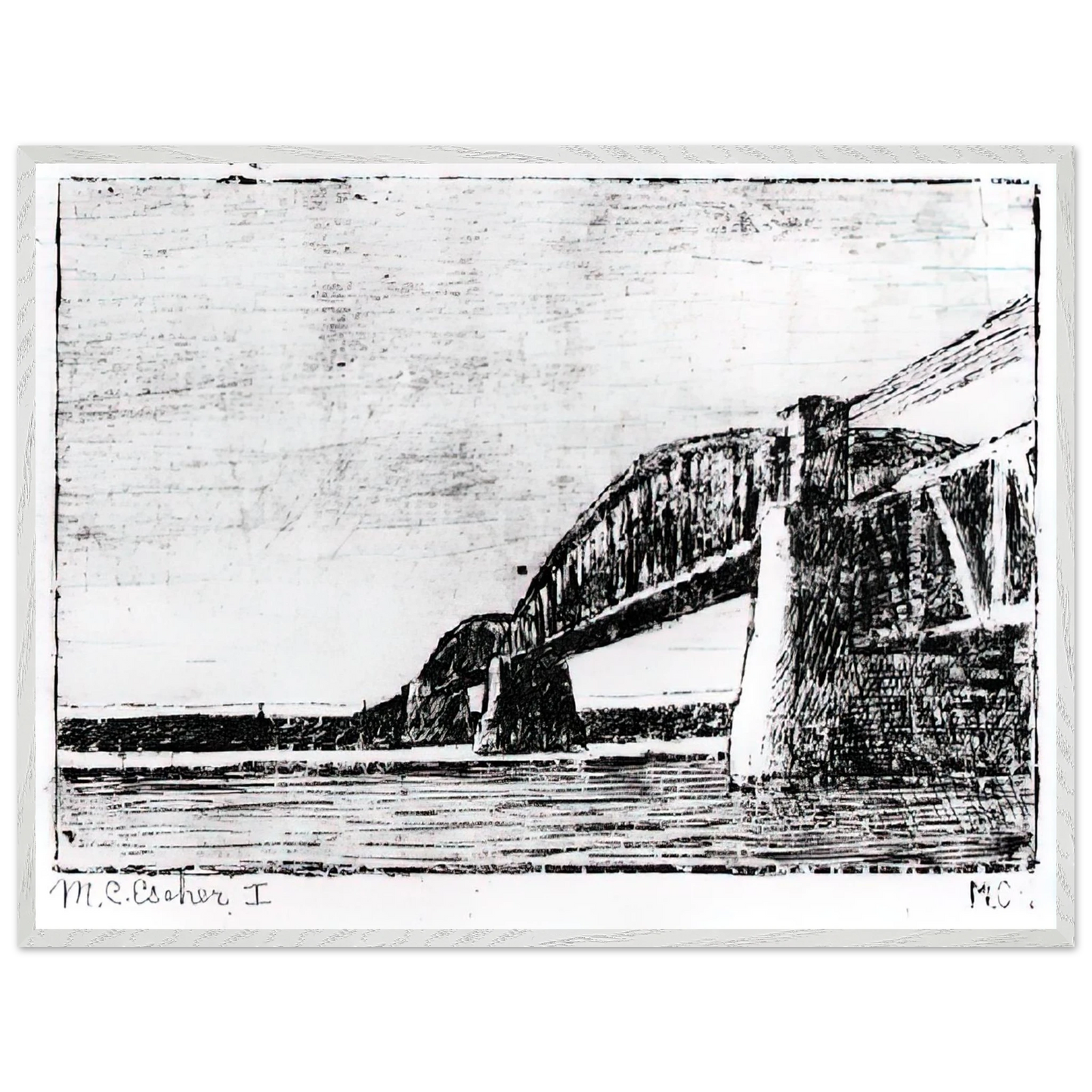 MC Escher - RAILWAY BRIDGE OOSTERBEEK Wall Art - 30x40 cm / 12x16 inches - Premium Wooden Framed Poster With Fine Art Paper-canvas - Black frame