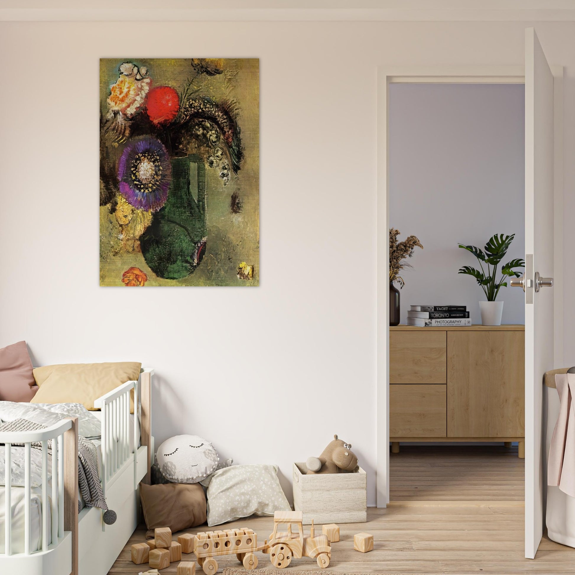 FLOWERS IN GREEN VASE WITH HANDLES - Odilon Redon Brushed Aluminum Print - 70x100 cm / 28x40 inches | Odilon Redon Aluminum Print | Odilon Redon Prints