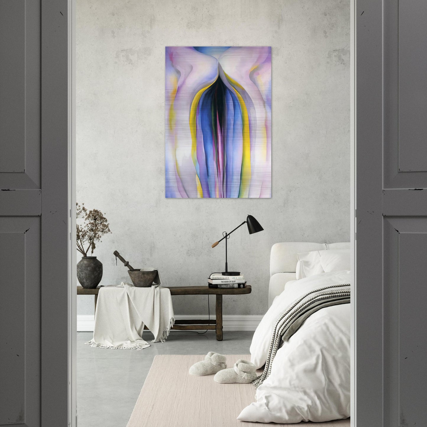 Grey Line With Black, Blue And Yellow - Georgia O'Keeffe Brushed Aluminum Print - 70x100 cm / 28x40 inches | Georgia O'Keeffe Aluminum Print | Georgia O'Keeffe Prints